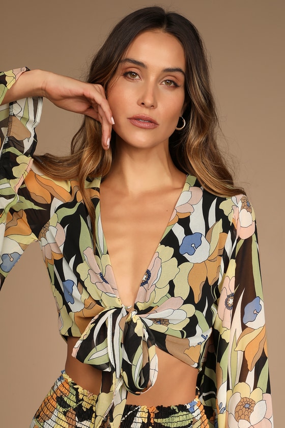 Ready for the Resort Black Floral Print Tie-Front Crop Top