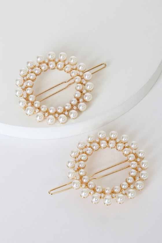 Beautifully Classy Gold Pearl Hair Barrette Set 2