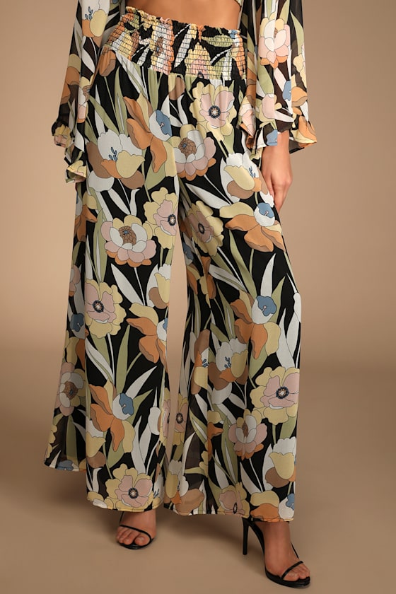 Pink Floral Smocked Waist Loose Pants main image 0