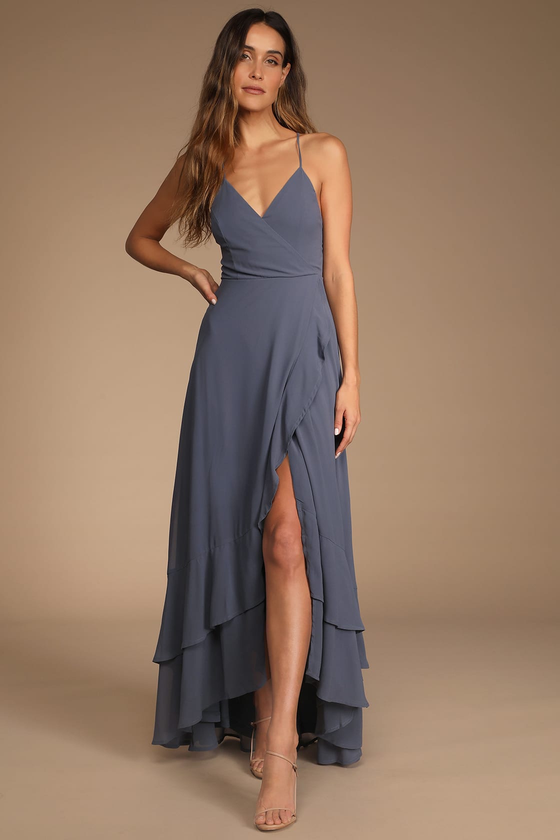 In Love Forever Granite Blue Lace-Up High-Low Maxi Dress