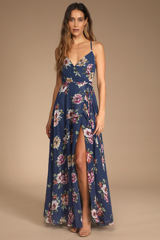Lovely Navy Blue Floral Print Dress - Maxi Dress - Wrap Dress - $98.00 ...