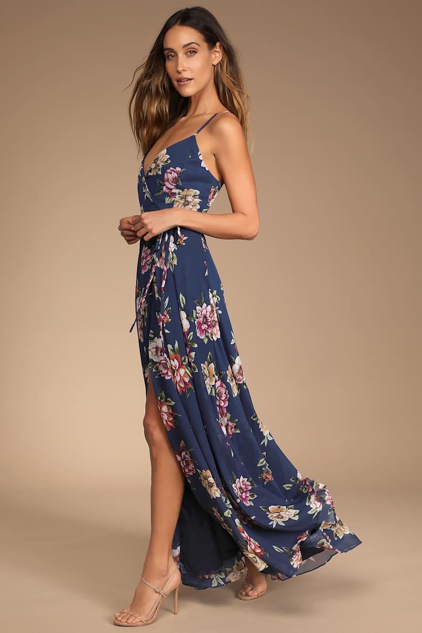 heart of marigold navy blue floral print wrap maxi dress Navy Blue Floral Print Wrap Maxi Dress | Womens | Small | 100% Rayon