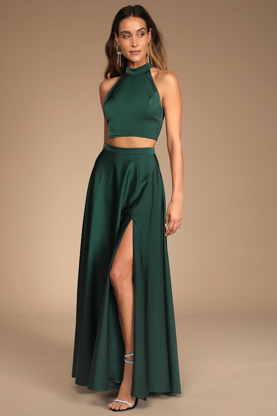 Strut and Stun Emerald Green Satin Halter Two-Piece Maxi Dress 1