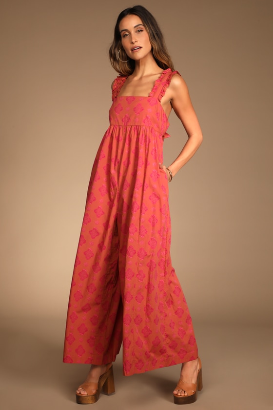 Free People Katya Rusty Rose Print Ruffled Tie-back Wide-leg Jumpsuit In Pink