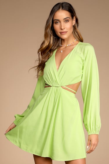 knee length dresses for ladies Front Cut-Out Lime Green Bodycon Midi Dress– PromGirl