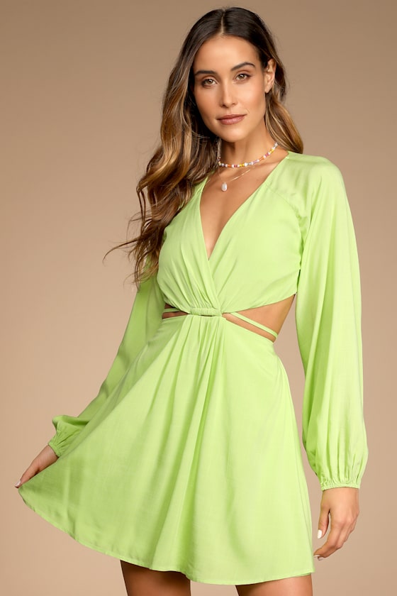 Countdown to Spring Lime Green Long Sleeve Cutout Mini Dress 4