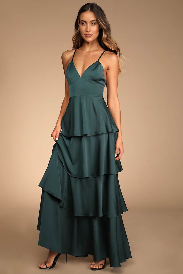 Going with Elegance Emerald Green Satin Tiered Gown