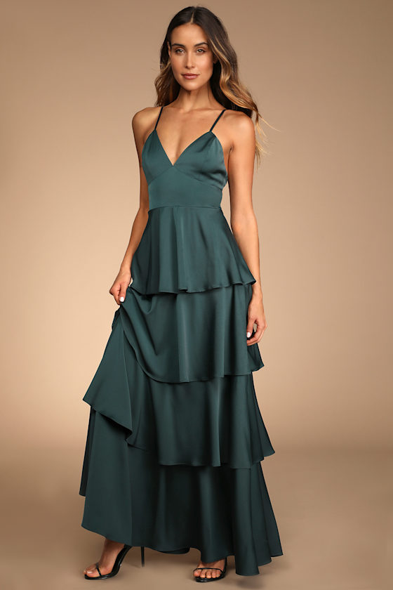 Going with Elegance Emerald Green Satin Tiered Maxi Dress 5