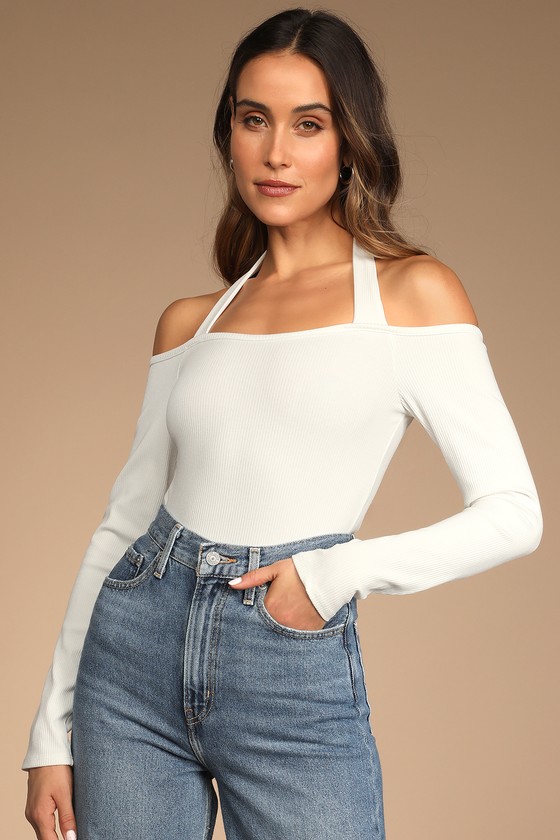 White Bodysuit - Ribbed Halter Bodysuit - Long Sleeve Bodysuit - Lulus