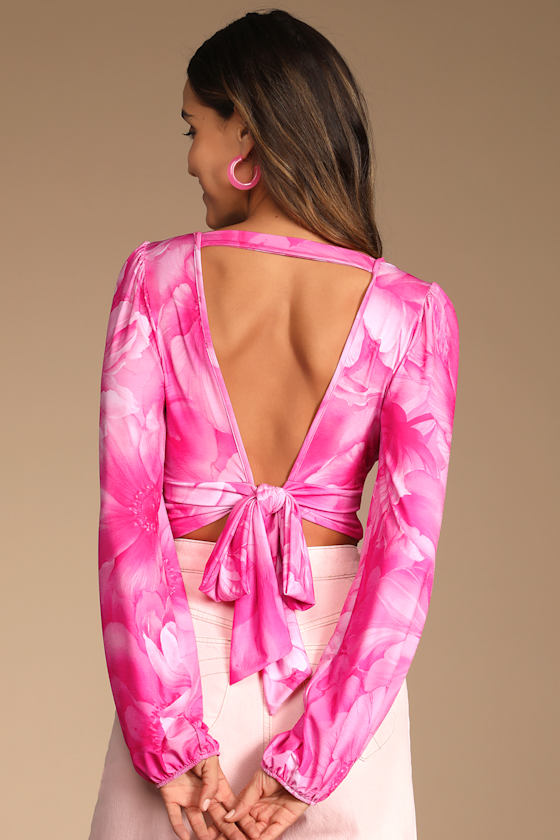 Cute as Ever Pink Floral Print Long Sleeve Tie-Back Crop Top 2