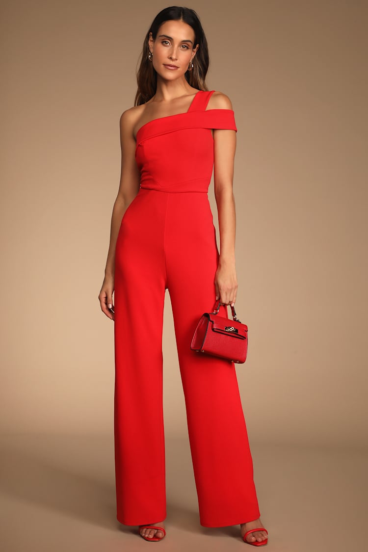 Red Jumpsuit - One-Shoulder Jumpsuit - Wide-Leg Jumpsuit - Lulus