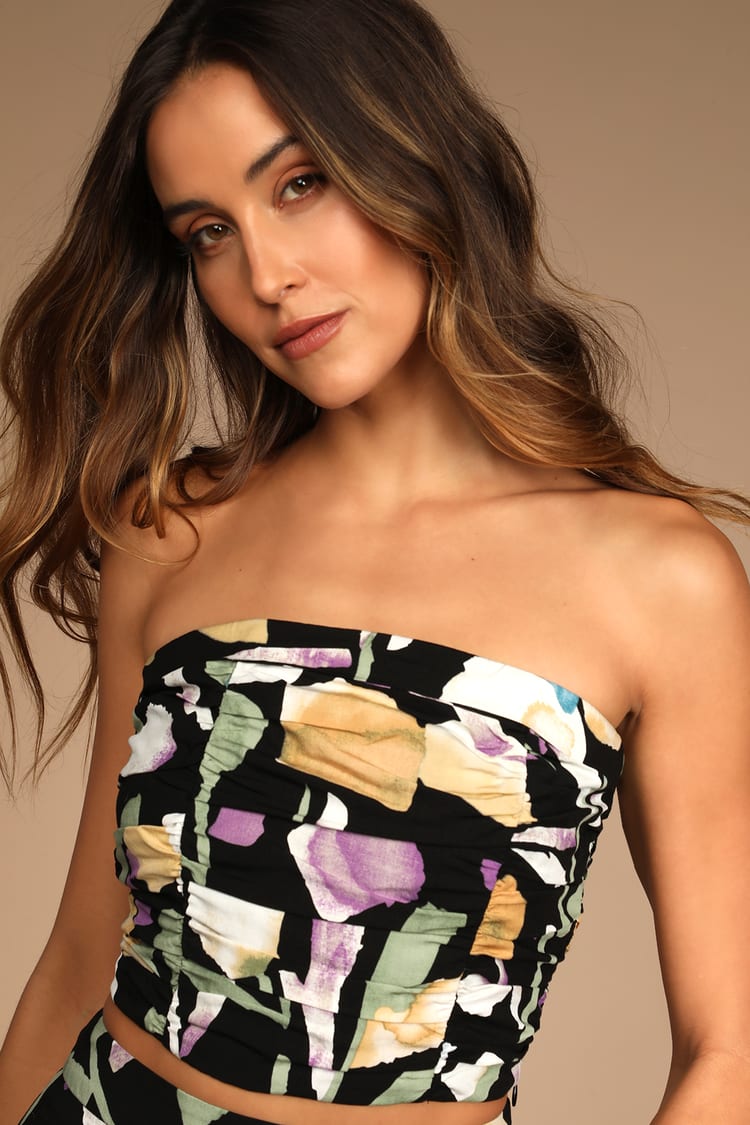 Black Floral Print Top - Strapless Crop Top - Tube Top - Tank Top