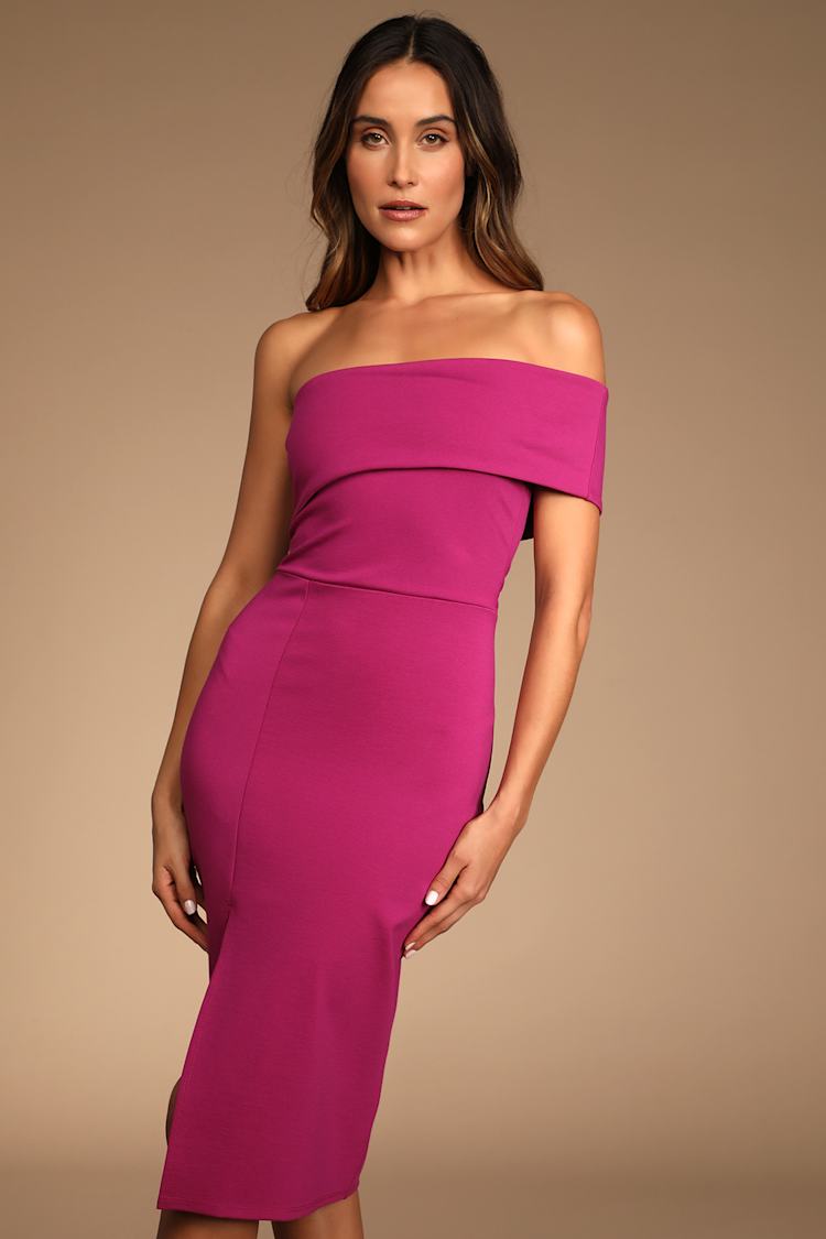 Magenta Bodycon - One-Shoulder Midi Dress - Side Slit Dress - Lulus