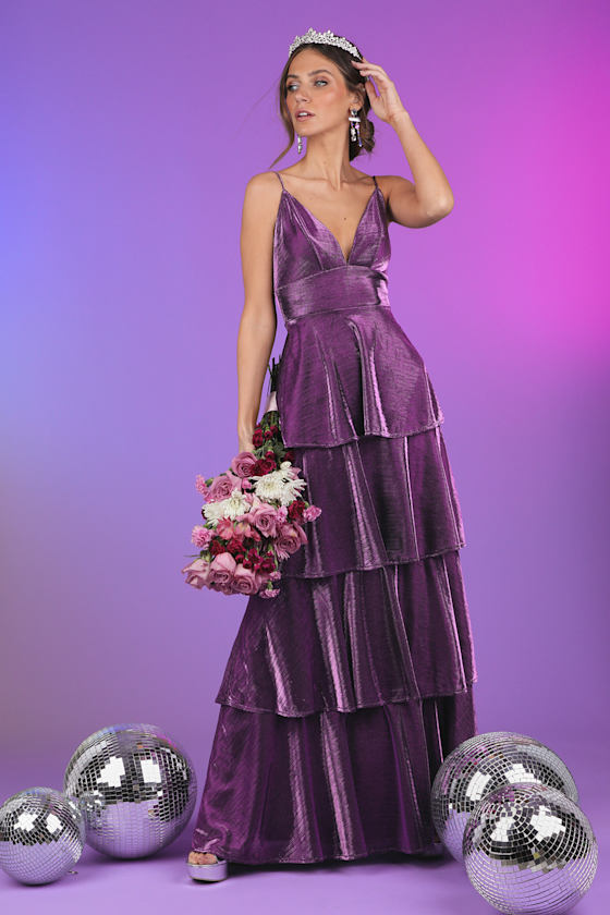 Can't Stop the Glam Purple Metallic Tiered Maxi Dress 6