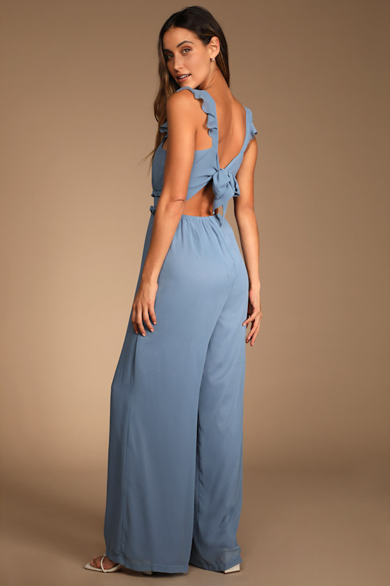 Stun with Elegance Slate Blue Ruffled Tie-Back Wide-Leg Jumpsuit 2