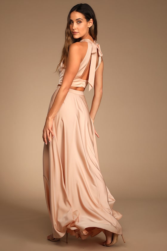 Strut and Stun Champagne Satin Halter Two-Piece Maxi Dress 2
