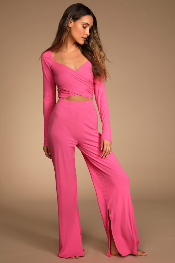 Keep it Chill Bright Pink Ribbed Long Sleeve Wrap Crop Top 5