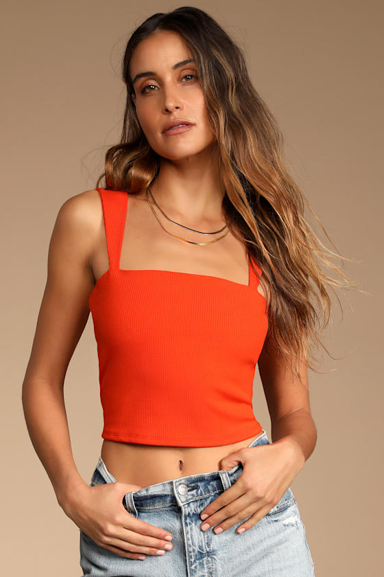 Simply Sassy Bright Orange Ribbed Square Neck Cropped Tank Top 4