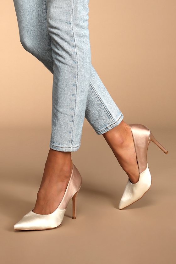 Lumii White and Champagne Satin Color Block Pointed-Toe Pumps 1