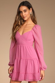 Longing And Love Pink Swiss Dot Puff Long Sleeve Mini Dress