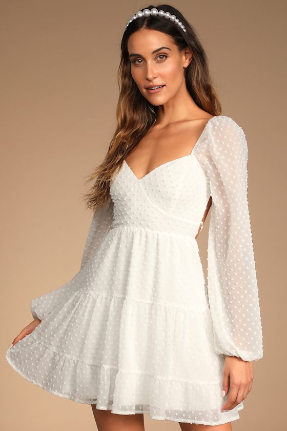 Longing And Love White Swiss Dot Puffed Long Sleeve Mini Dress 3
