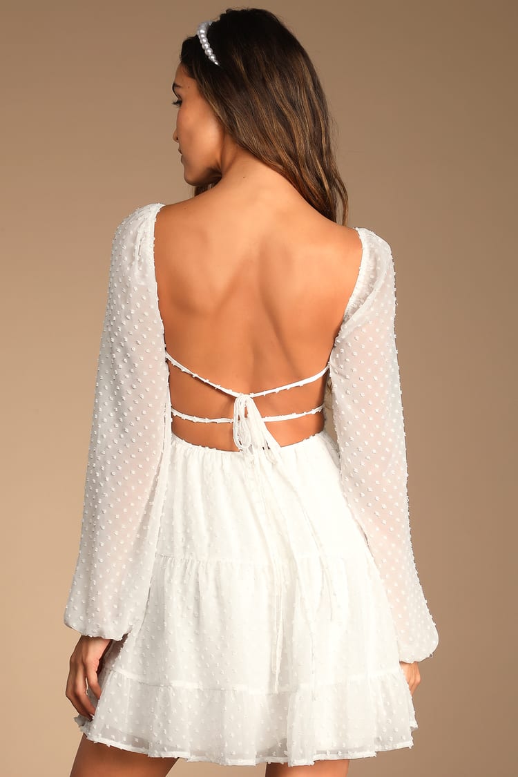 Longing And Love White Swiss Dot Puff Long Sleeve Mini Dress