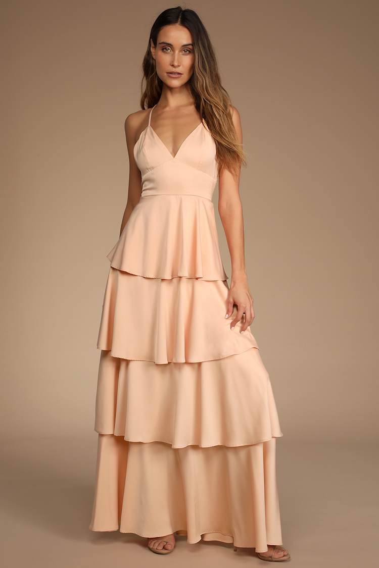 slim fit dress slacks Princess Neckline Flutter Sleeve Midi Dress in Peach (S-3XL) – Studio 3:19 main image 0