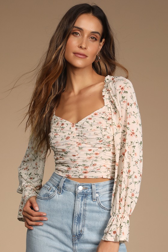 Blooming with Bliss Peach Floral Print Ruched Long Sleeve Top