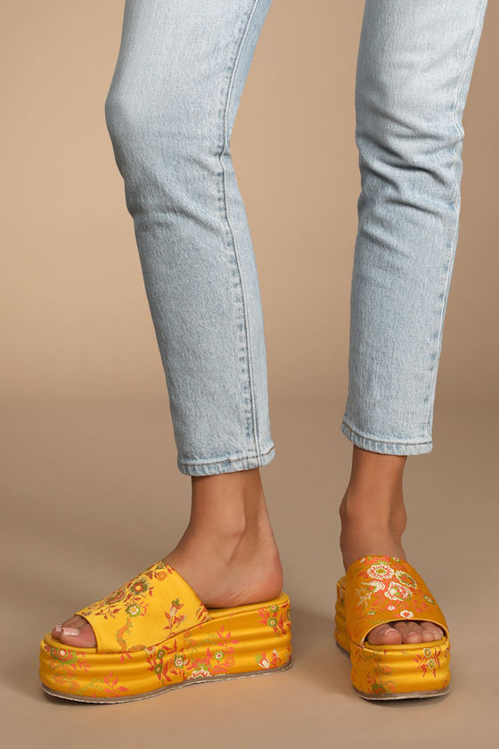 Free People Harbor Brocade Turmeric - Platform Shoes - Slides - Lulus