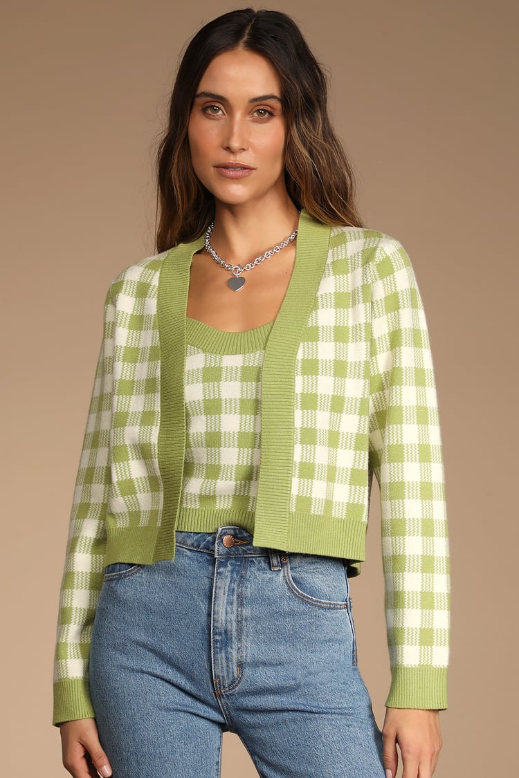 Green Gingham Sweater Set - Cardigan Sweater - 2-Piece Sweater - Lulus