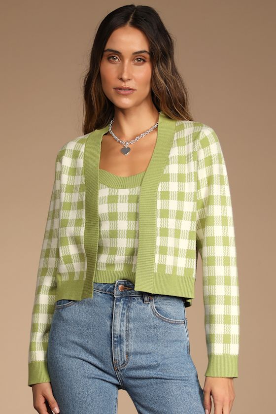 Sophisticated and Sweet Green Gingham Tank Top and Cardigan Set 1