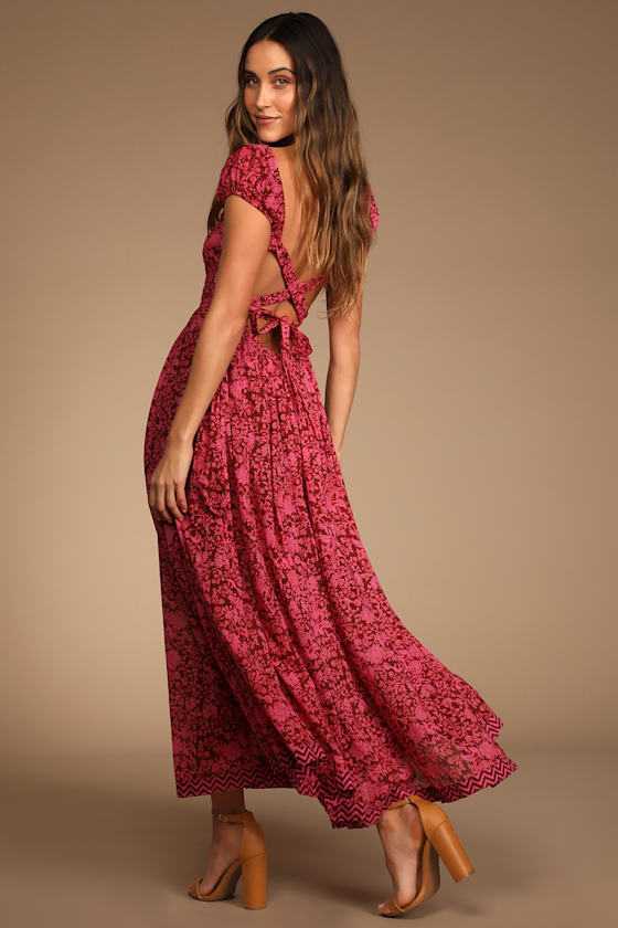 Ultraviolet Burgundy Floral Lace-Up Maxi Dress with Pockets 2