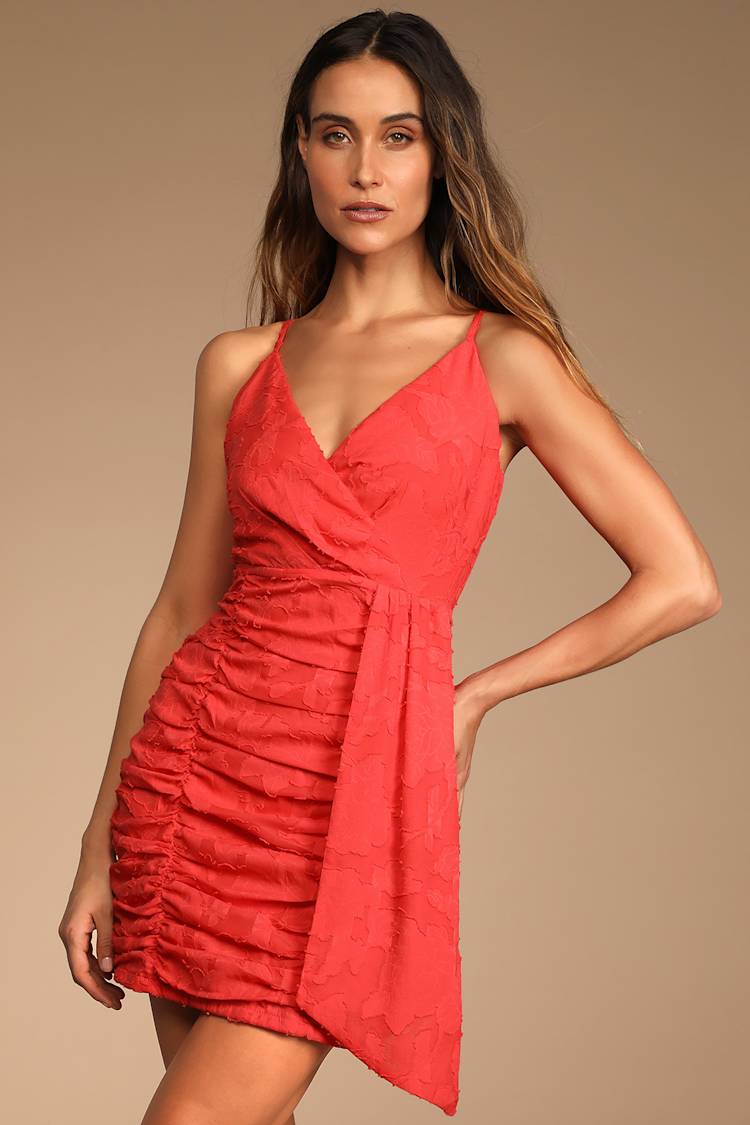 strapless open back dress Cocktail Chic Red Stretch Long Sleeve Plunge Ruched Midi Dress