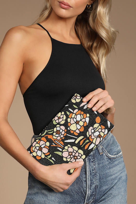 Groovy Garden Black Floral Beaded Clutch 1