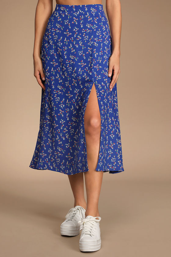 Bliss Me Cobalt Blue Floral Print Midi Skirt 4
