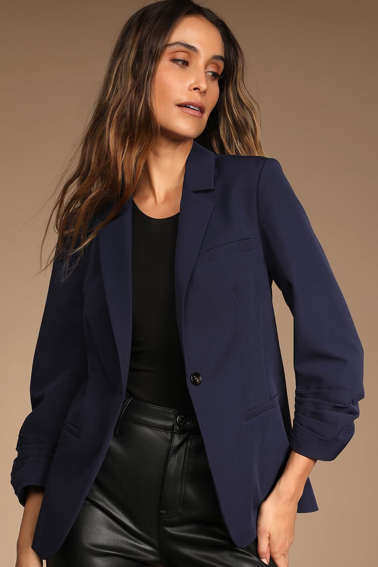 Here for Business Navy Blue Ruched Blazer