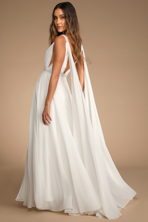 Grecian Romance White Pleated Sleeveless Maxi Dress
