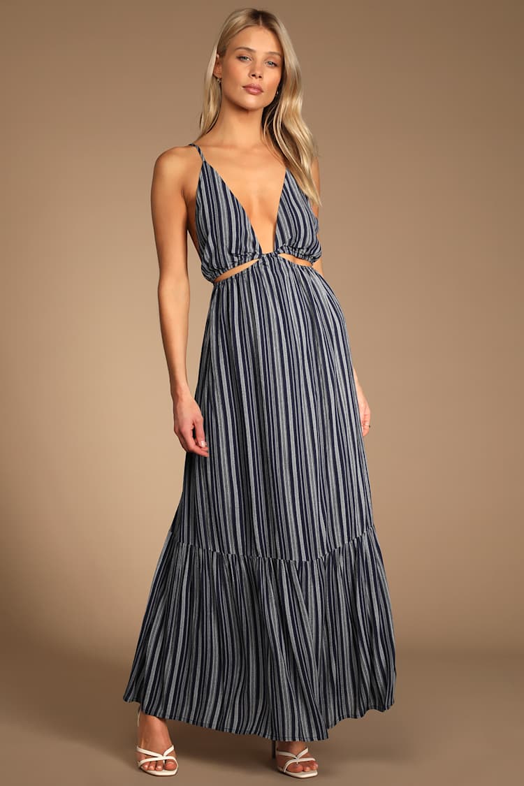 Navy Blue Striped Dress - Cutout Maxi Dress - Backless Maxi Dress - Lulus