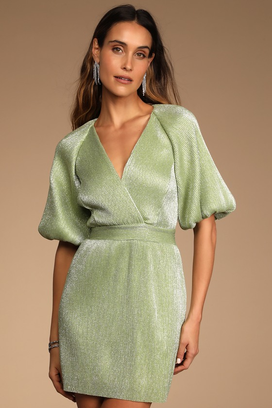 Lulus Ethereal Angel Light Green Glitter Puff Sleeve Mini Dress