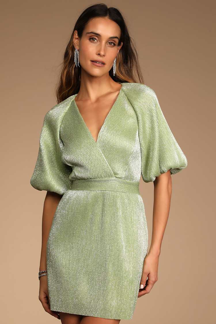 Green Metallic Dress - Puff Sleeve Dress - Backless Mini Dress - Lulus