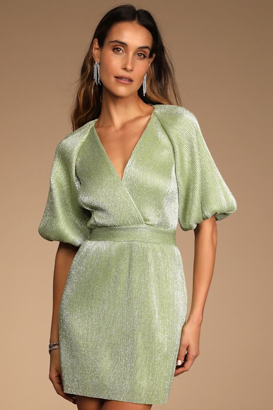 Green Metallic Dress Puff Sleeve Dress Backless Mini Dress Lulus