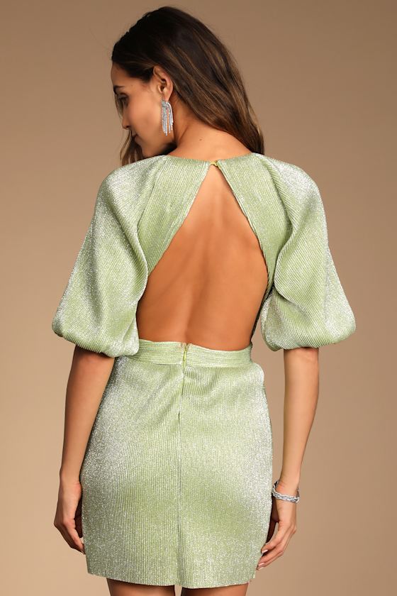Ethereal Angel Light Green Glitter Puff Sleeve Mini Dress 6