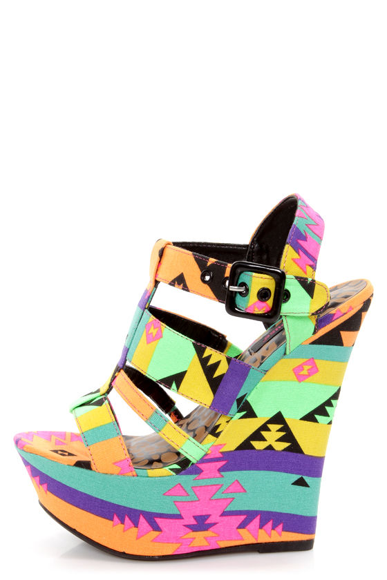 Dollhouse Electric Black Multi Neon Print Platform Wedges 38.00 Lulus