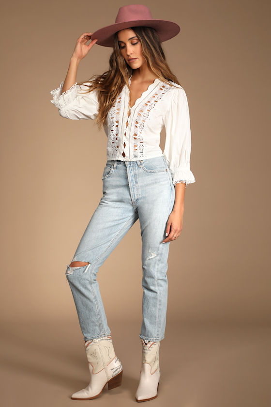 Louella White Cotton Embroidered Puff Sleeve Top 4