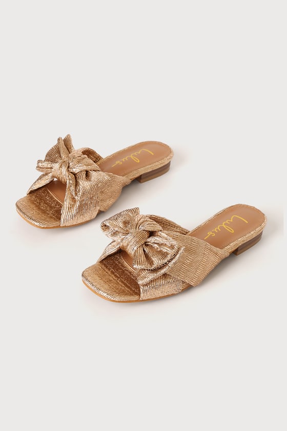 Rose Gold Sandals - Metallic Slides - Gold Bow Slides - Lulus