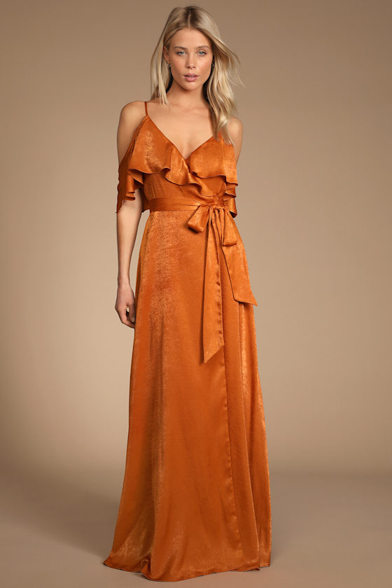 rust satin wrap dress