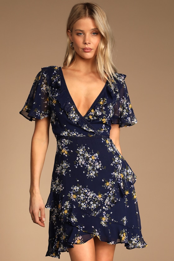 Blue Floral Mini Dress - Ruffled Floral Dress - Blue Skater Dress - Lulus