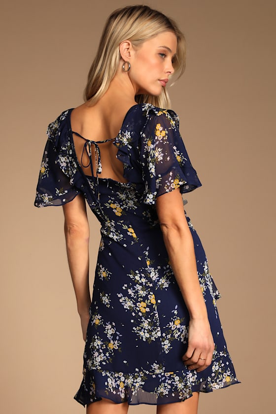 Navy Blue Floral Flutter Sleeve Mini Dress | Womens | X-Large (Available in XS, S, M, L) | 100% Polyester | Lulus
