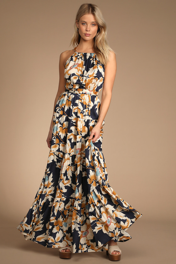 Navy Blue Floral Print Dress - Halter Maxi Dress - Tiered Dress - Lulus