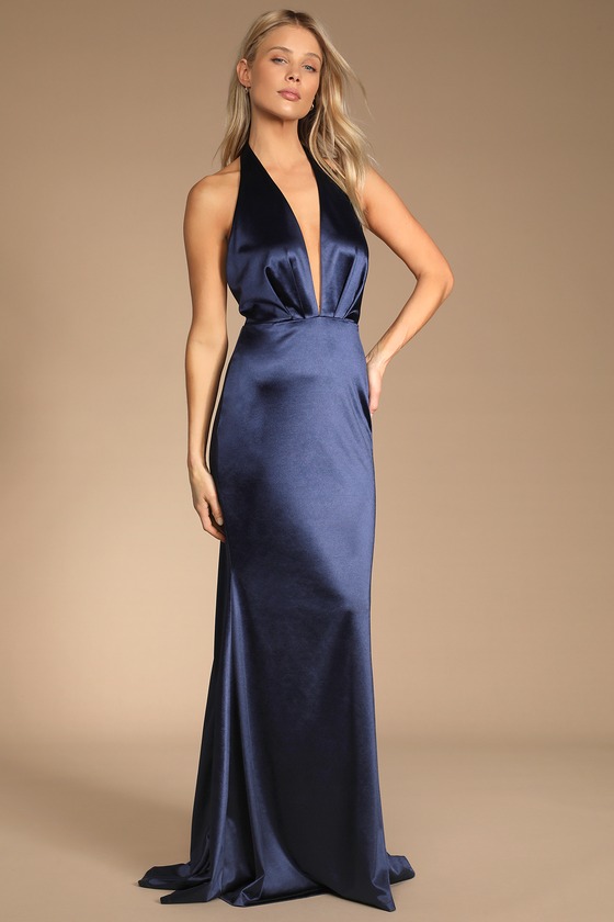 Beguiling Beauty Navy Blue Satin Halter Mermaid Maxi Dress